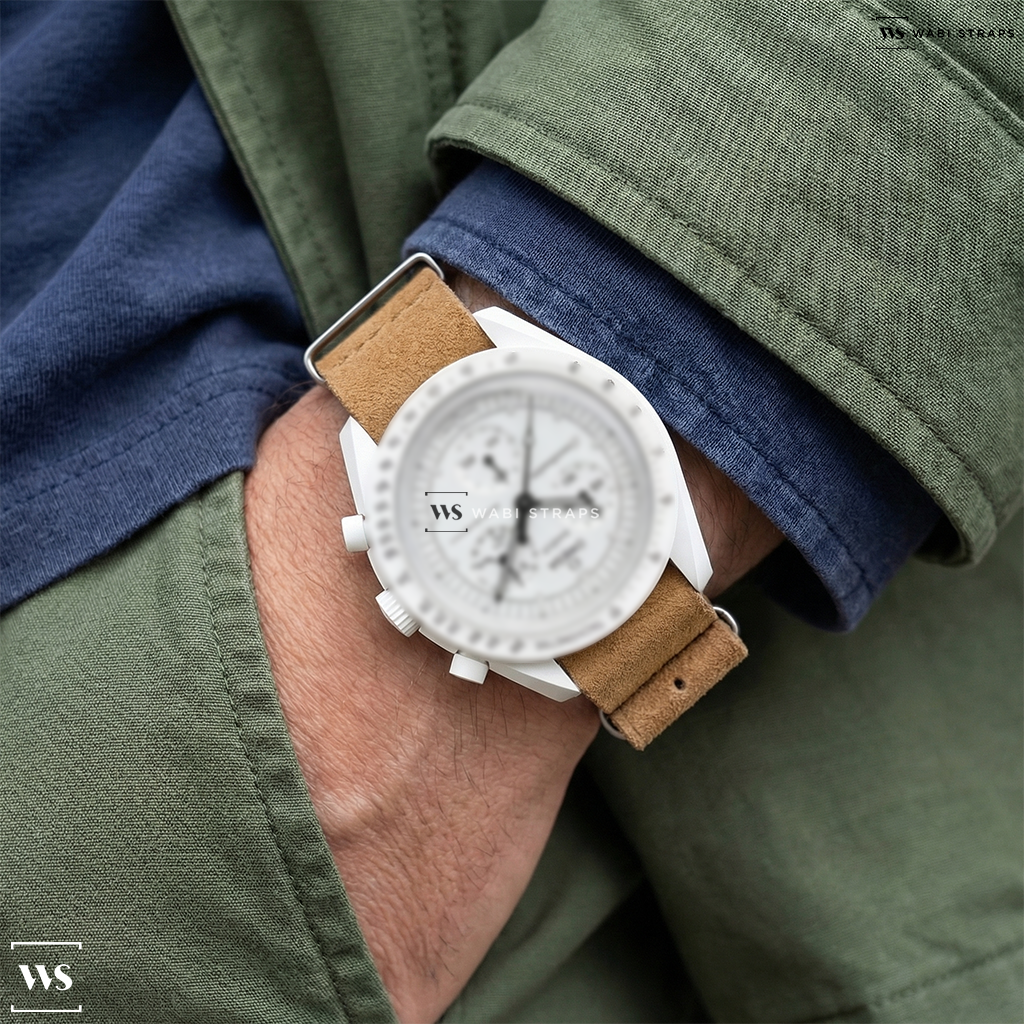 Tan Fuzzy Grain Leather Watch Strap on MOONSWATCH MISSION TO THE MOONPHASE - FULL MOON