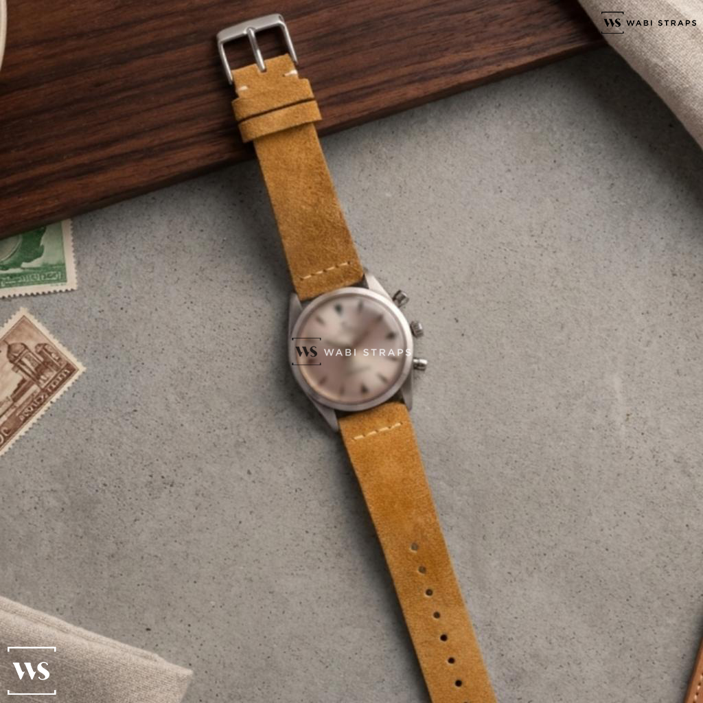 Tan Fuzzy Grain Suede Watch Strap on Tudor Oyster Elegante