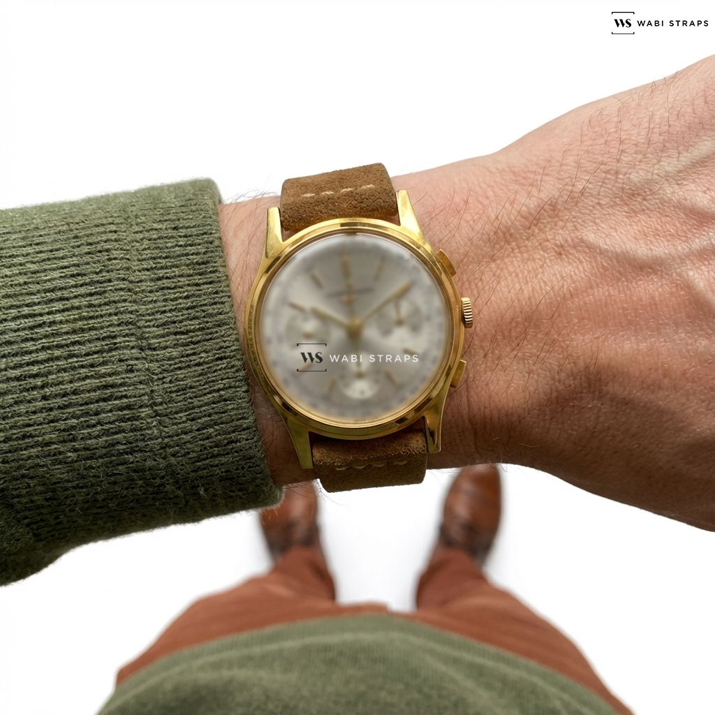 Tan Fuzzy Grain Suede Watch Strap on Ulysse Nardin Vintage Chronograph Gold