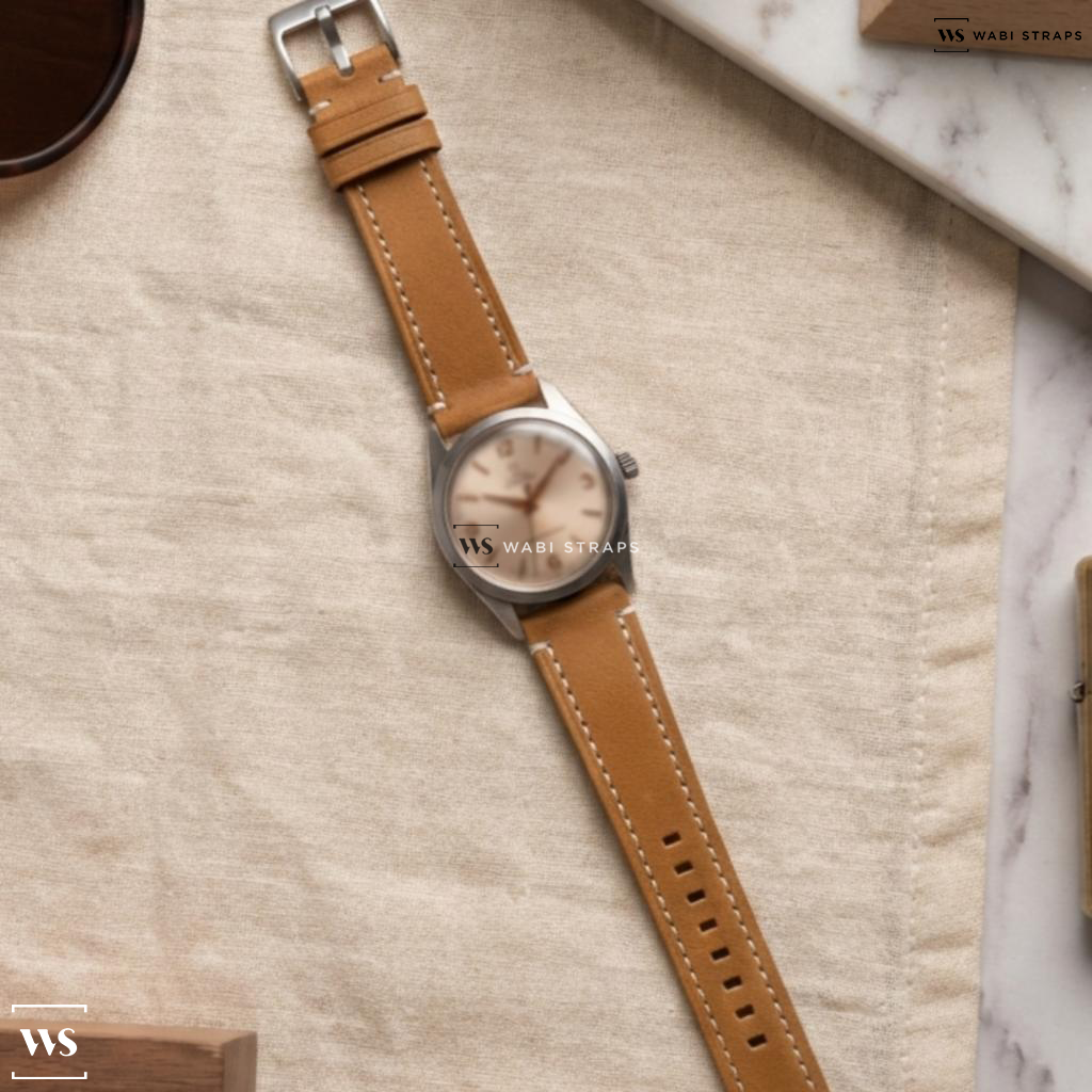 Tan Matte Leather Watch Strap on Tudor Oyster Prince Small Rose Vintage Radium Burn
