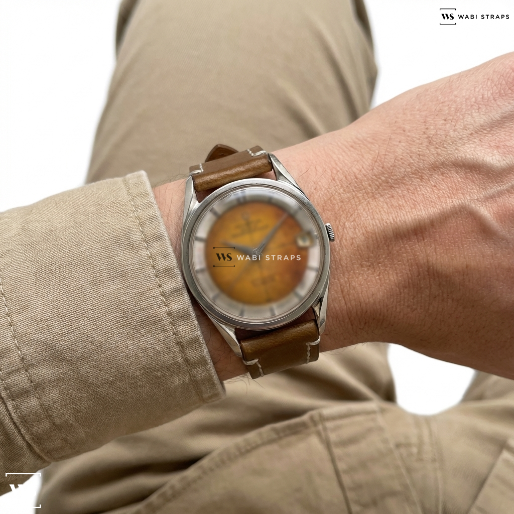 Tan Matte Leather Watch Strap on Universal Geneve Tropical Dial Polerouter Date