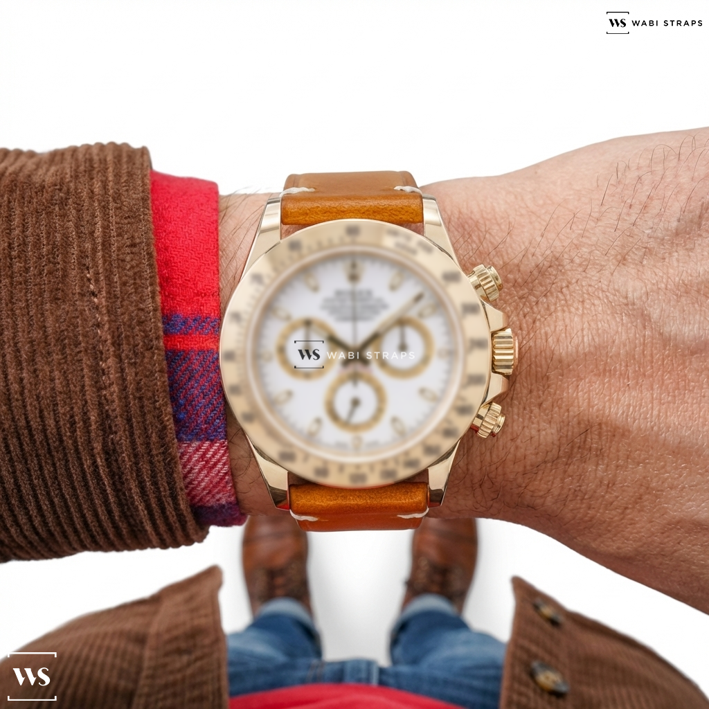 Tan Oiled Leather Watch Strap on Rolex Daytona 18K Yellow Gold White Dial BOX & PAPERS