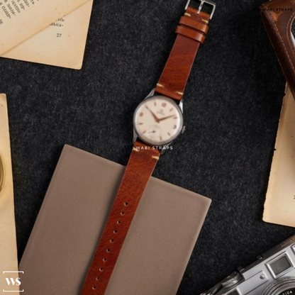 Tan Smooth Matte Leather Watch Strap on Omega Subsecond Vintage Dress Watch