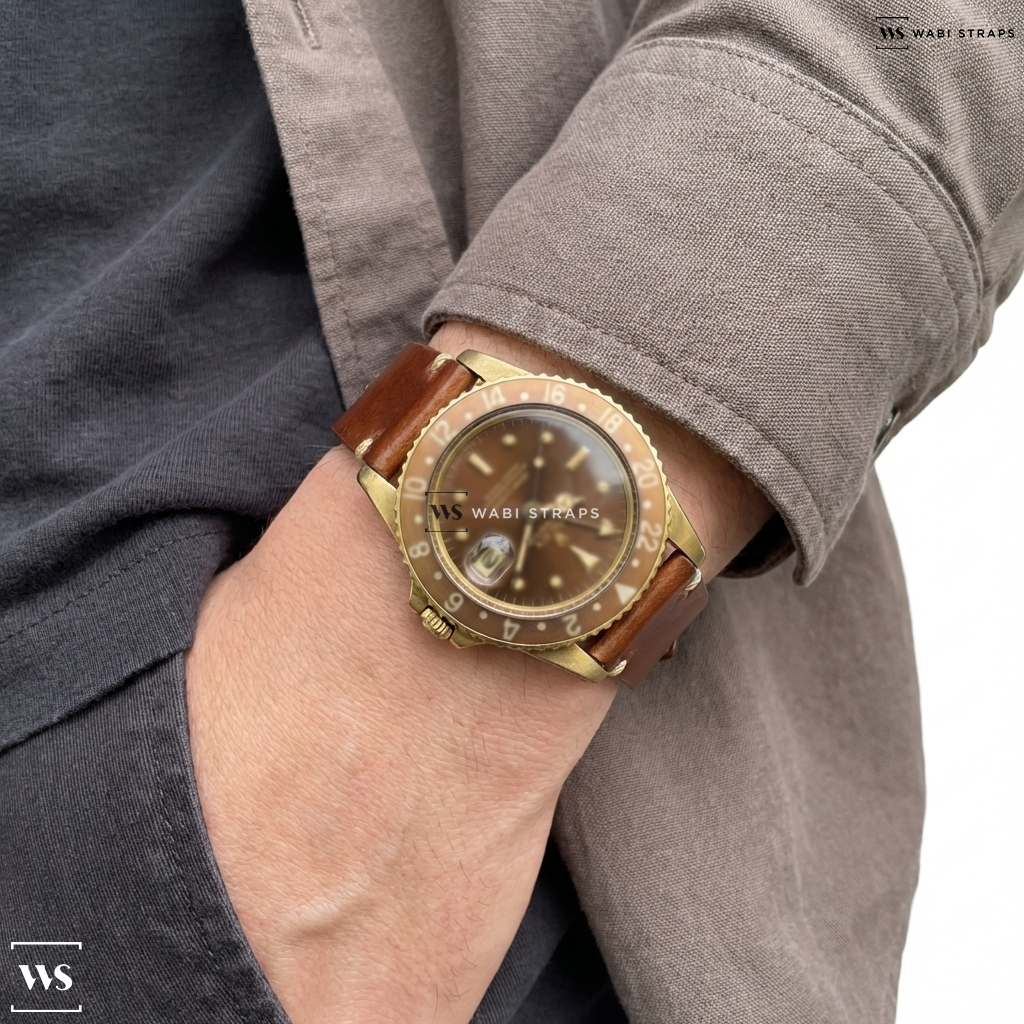 Tan Smooth Matte Leather Watch Strap on Rolex GMT Master 18k Root Beer Nipple Dial