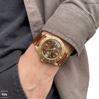Tan Smooth Matte Leather Watch Strap on Rolex GMT Master 18k Root Beer Nipple Dial