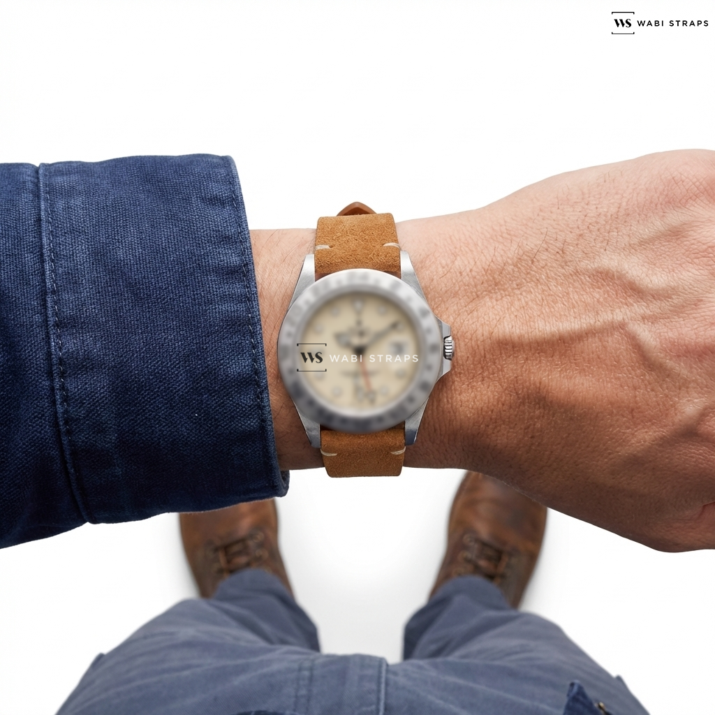 Tan Fuzzy Grain Leather Watch Strap on Rolex Explorer II with RARE Transitional Cream Rail Dial SS Stunning