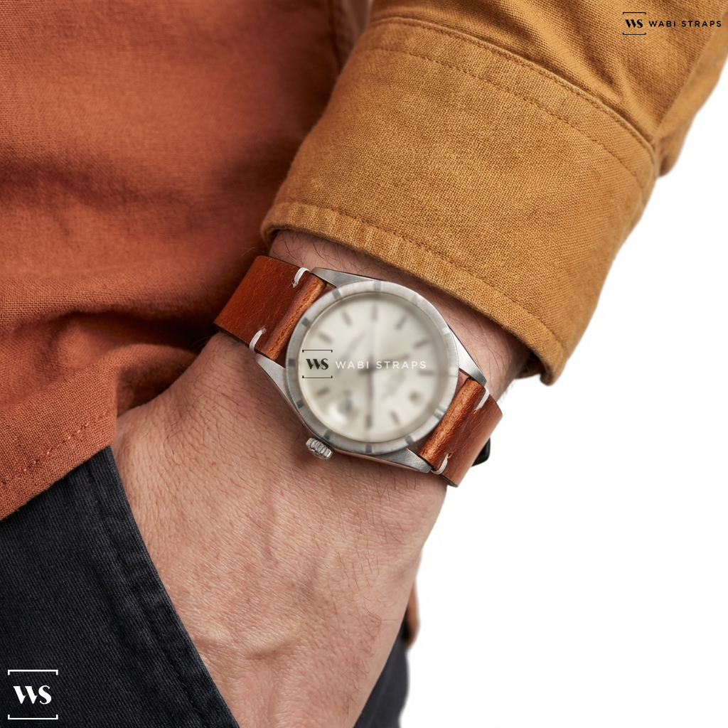 Tan Waxed Leather Watch Strap on Rolex Date Ref. 1501