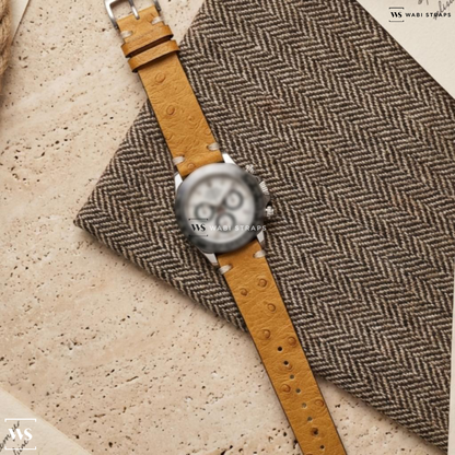 Tan Ostrich Grain Leather Watch Strap on Rolex Daytona 116500LN Ceramic Bezel SS / White Dial