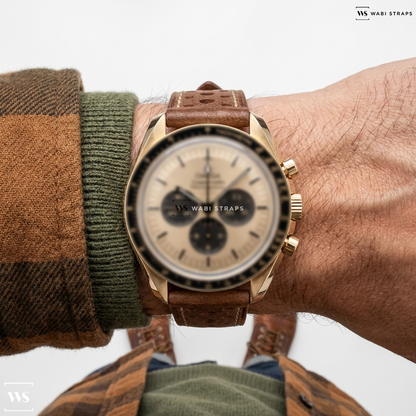 Tan Perforated Leather Watch Strap on Omega Speedmaster Moonwatch Professional Moonshine Gold