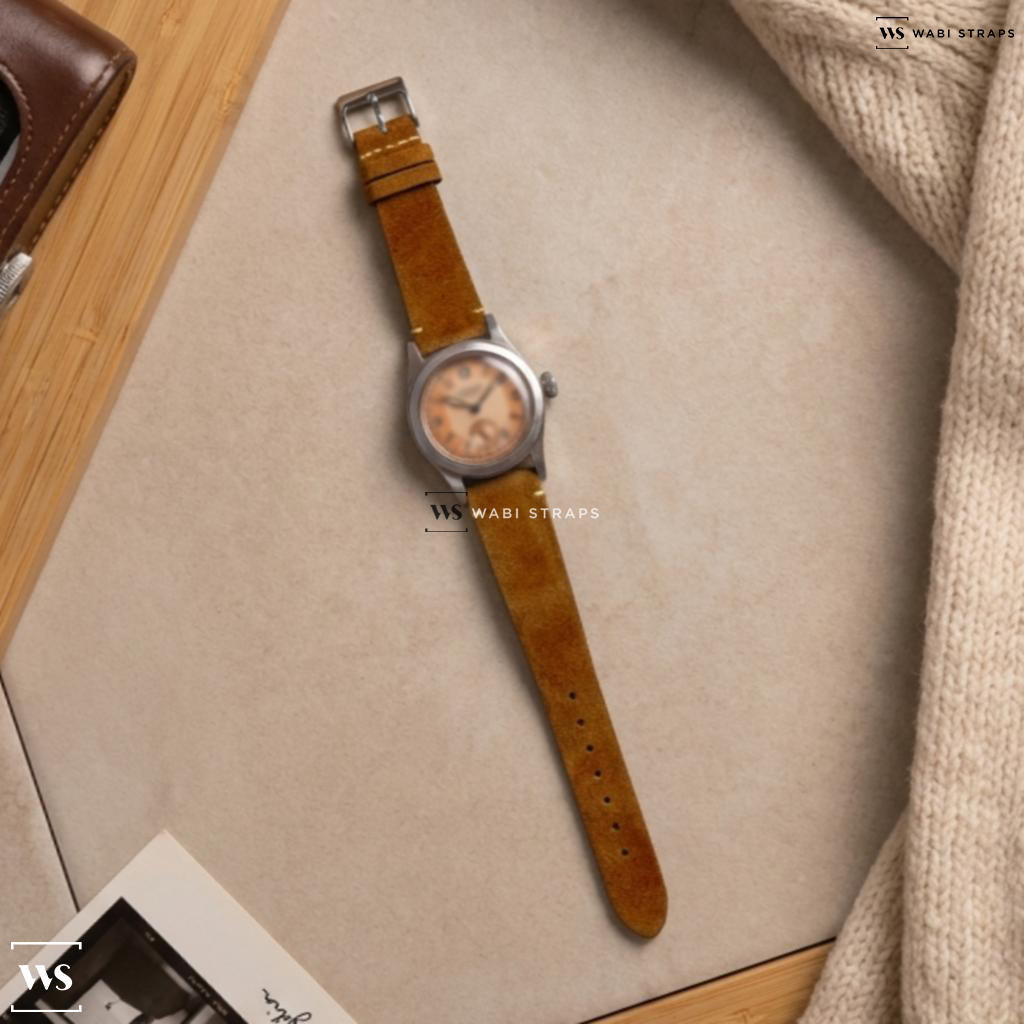 Brown Fuzzy Grain Suede Watch Strap on Rolex Oyster Lipton Vintage