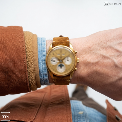 Brown Fuzzy Grain Suede Watch Strap on Ulysse Nardin Triple Calendar Chronograph Moonphase