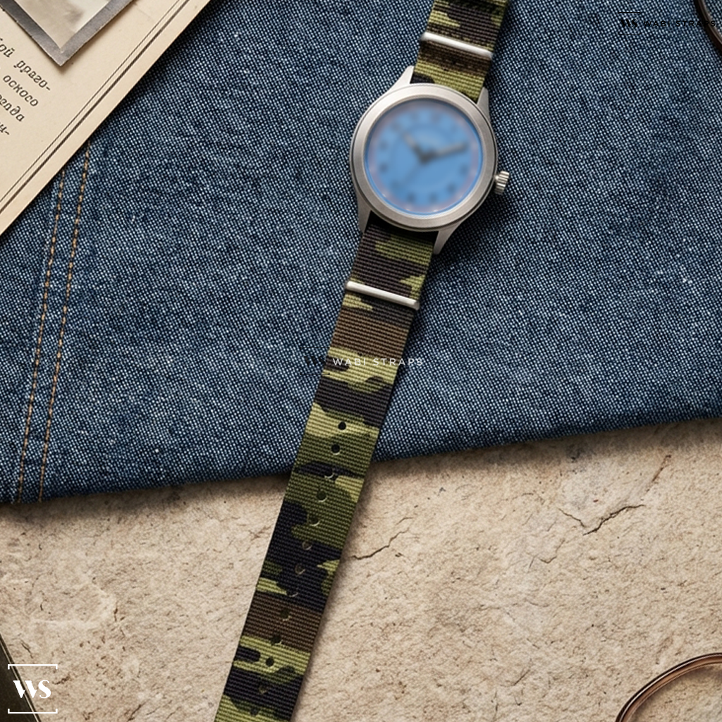 Brown/Green Camouflage Nylon Watch Strap on Vero Meridian Manual Wind