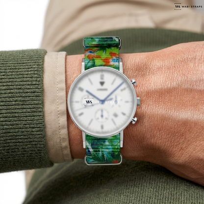 Blue/Green/Orange Floral Print Nylon Watch Strap on Junkers Bauhaus 9.19.01.04