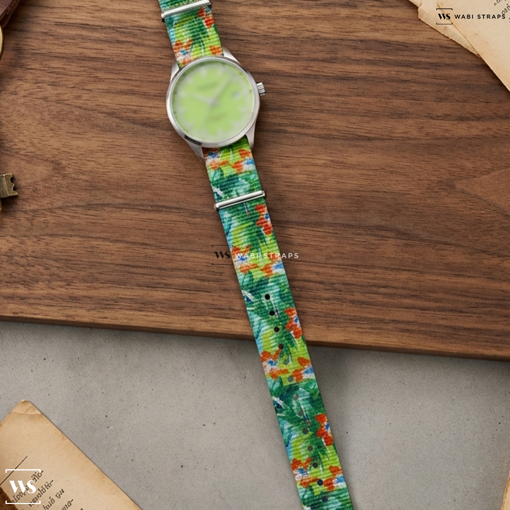 Blue/Green/Orange Floral Print Nylon Watch Strap on Bruno Sohnle Glashutte Turin