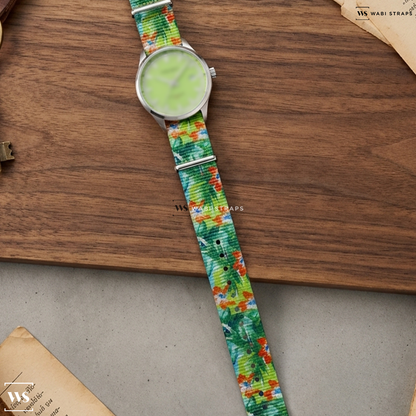 Blue/Green/Orange Floral Print Nylon Watch Strap on Bruno Sohnle Glashutte Turin