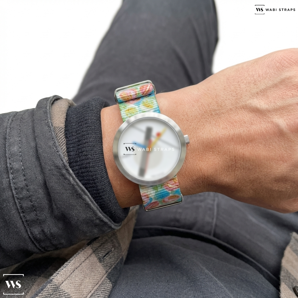 Blue/Green/Pink/White Floral Print Nylon Watch Strap on HOMMAGE À MOHOLY-NAGY