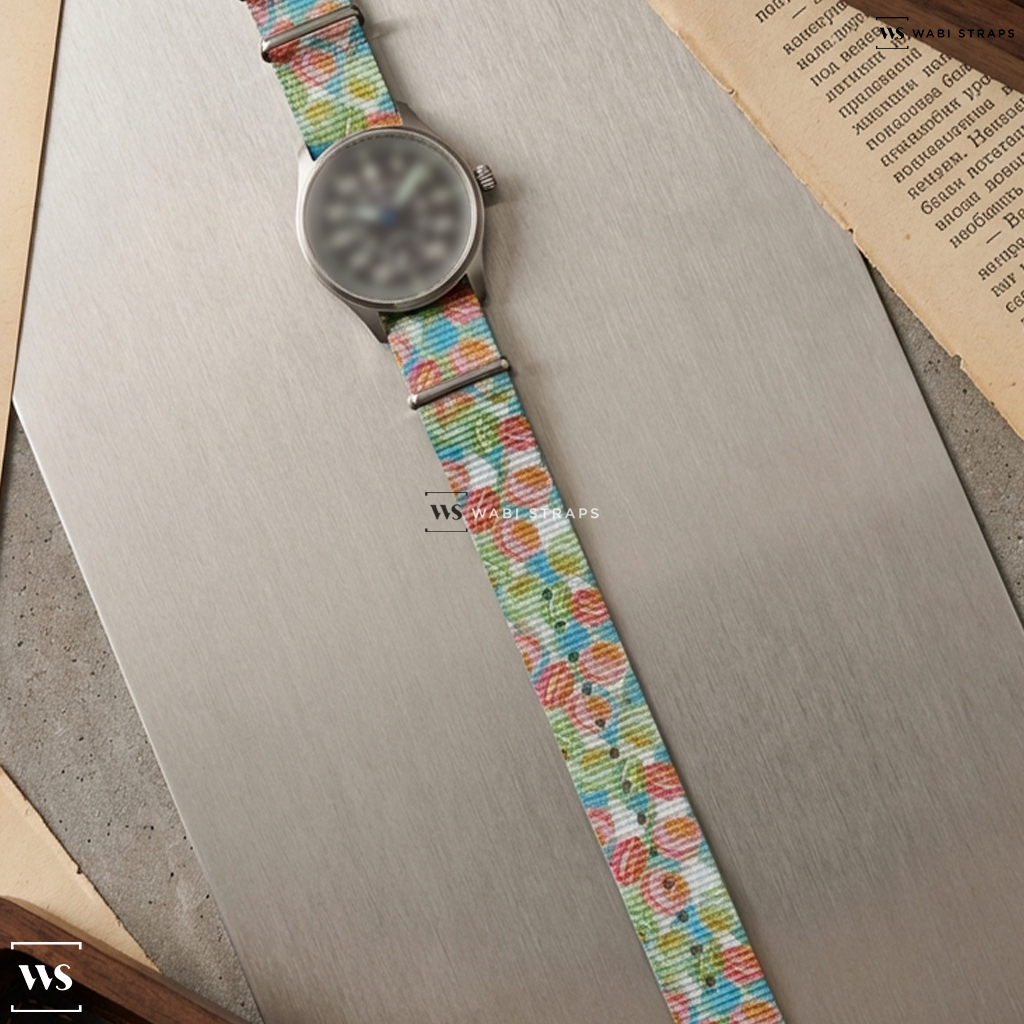 Blue/Green/Pink/White Floral Print Nylon Watch Strap on Laco Ulm and Würzburg 39