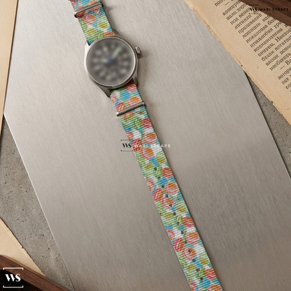 Blue/Green/Pink/White Floral Print Nylon Watch Strap on Laco Ulm and Würzburg 39
