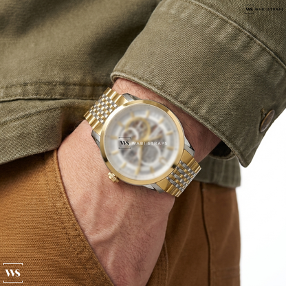 Gold/Silver 9-Row Rice Beads Metal Watch Bracelet on Bulova Sutton Automatic Skeleton Dial