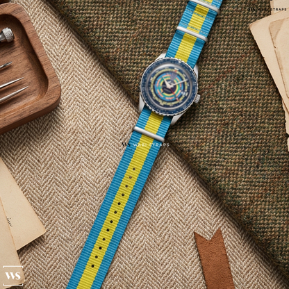Blue/Yellow 3 Stripes Nylon Watch Strap on Mido Oceanstar Decompression Worldtimer