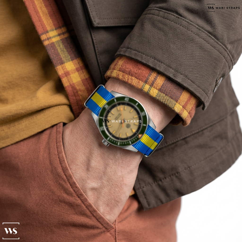 Blue/Yellow 3 Stripes Nylon Watch Strap on San Martin Original Design NH35 Dive Watch SN0115G - Brown