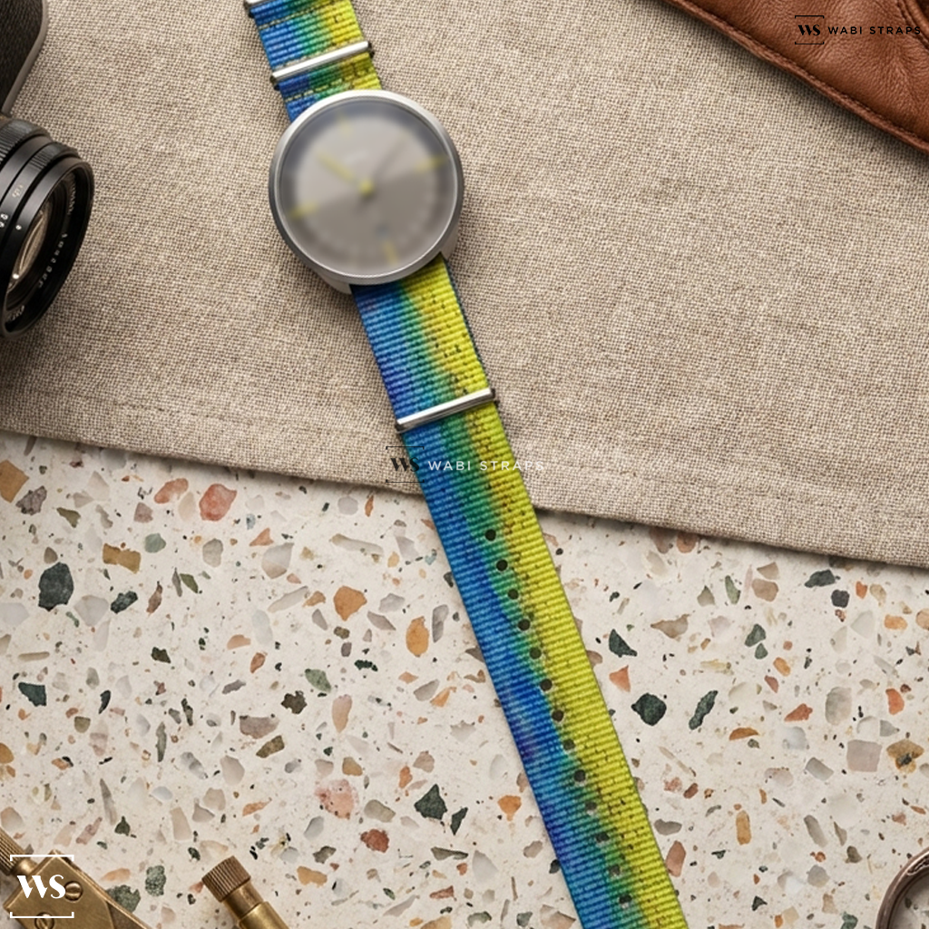 Blue/Yellow Graphic Print Nylon Watch Strap on BOTTA TRES 24 Quartz 40mm