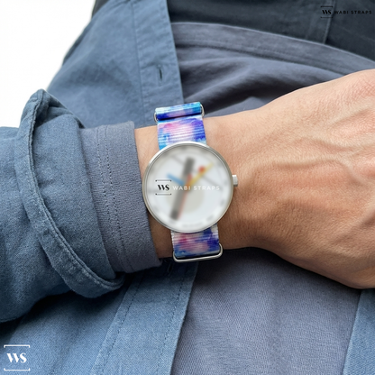 Blue/Pink/Purple/White Tie Dye Nylon Watch Strap on Walter Gropius HOMMAGE À MOHOLY-NAGY