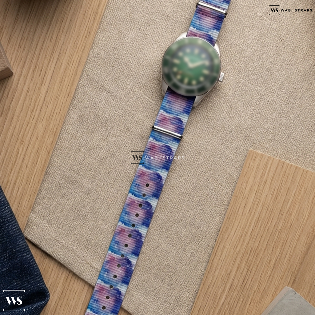 Blue/Pink/Purple/White Tie Dye Nylon Watch Strap on Spinnaker Spence 300 Automatic