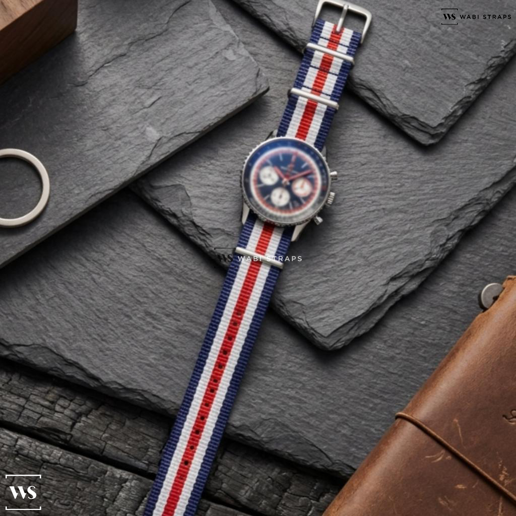 Blue/Red/White 5 Stripes Nylon Watch Strap on Breitling Navitimer 1 B01 Chronograph Pan Am