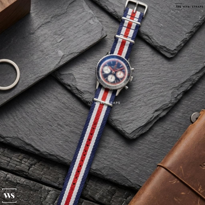 Blue/Red/White 5 Stripes Nylon Watch Strap on Breitling Navitimer 1 B01 Chronograph Pan Am
