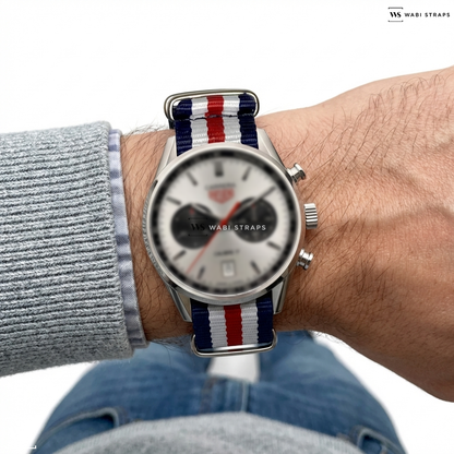 Blue/Red/White 5 Stripes Nylon Watch Strap on TAG Heuer Men's Carrera Automatic Chronograph Calibre 17