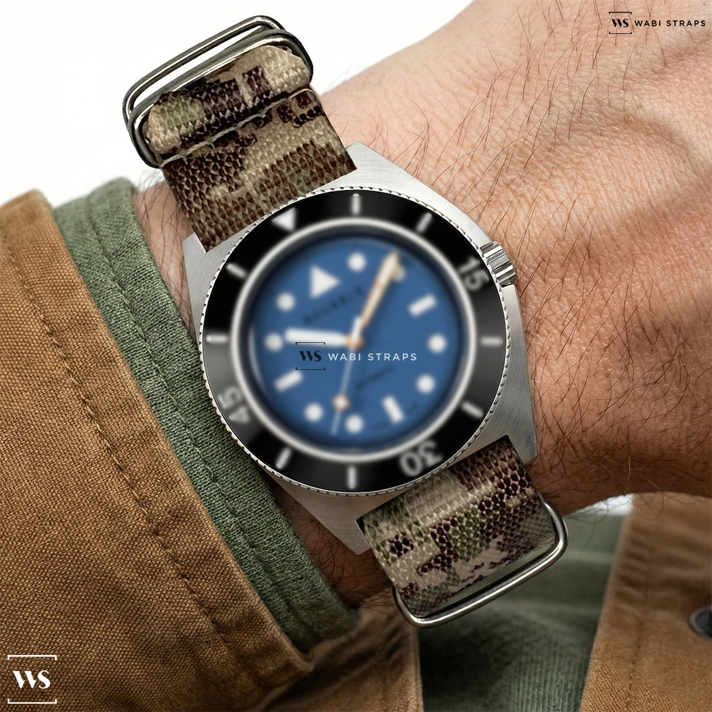 Black/Green/Grey Tactical Camouflage Nylon Watch Strap on OceanicTime: Christopher Ward C65 GMT WORLDTIMER