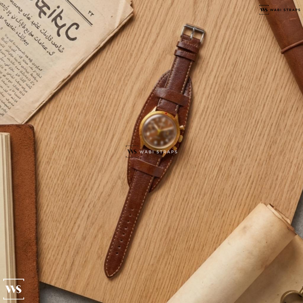 Brown Smooth Oiled Leather Watch Strap on Hanhart 417 Bronze