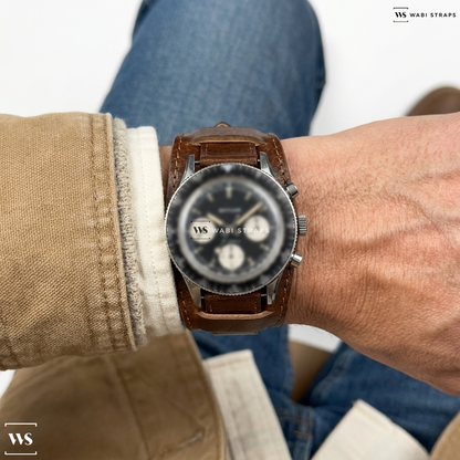 Brown Smooth Oiled Leather Watch Strap on Vintage Baylor Chronograph Rotating Bezel