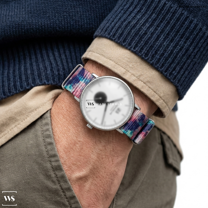 Blue/Pink/Purple Tie Dye Nylon Watch Strap on Sternglas IVO Big date, “small second.”