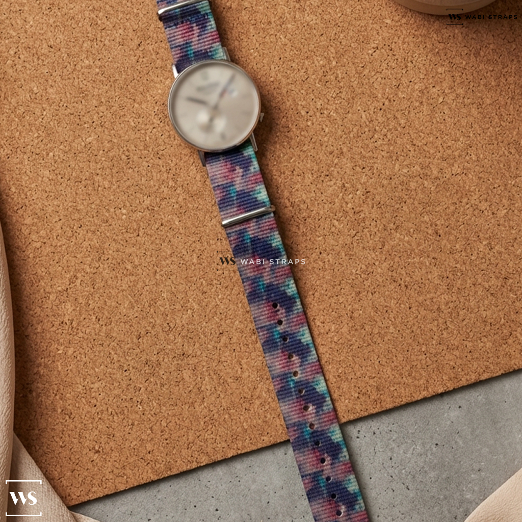 Blue/Pink/Purple Tie Dye Nylon Watch Strap on Bruno Sohnle Glashutte Rondo Big