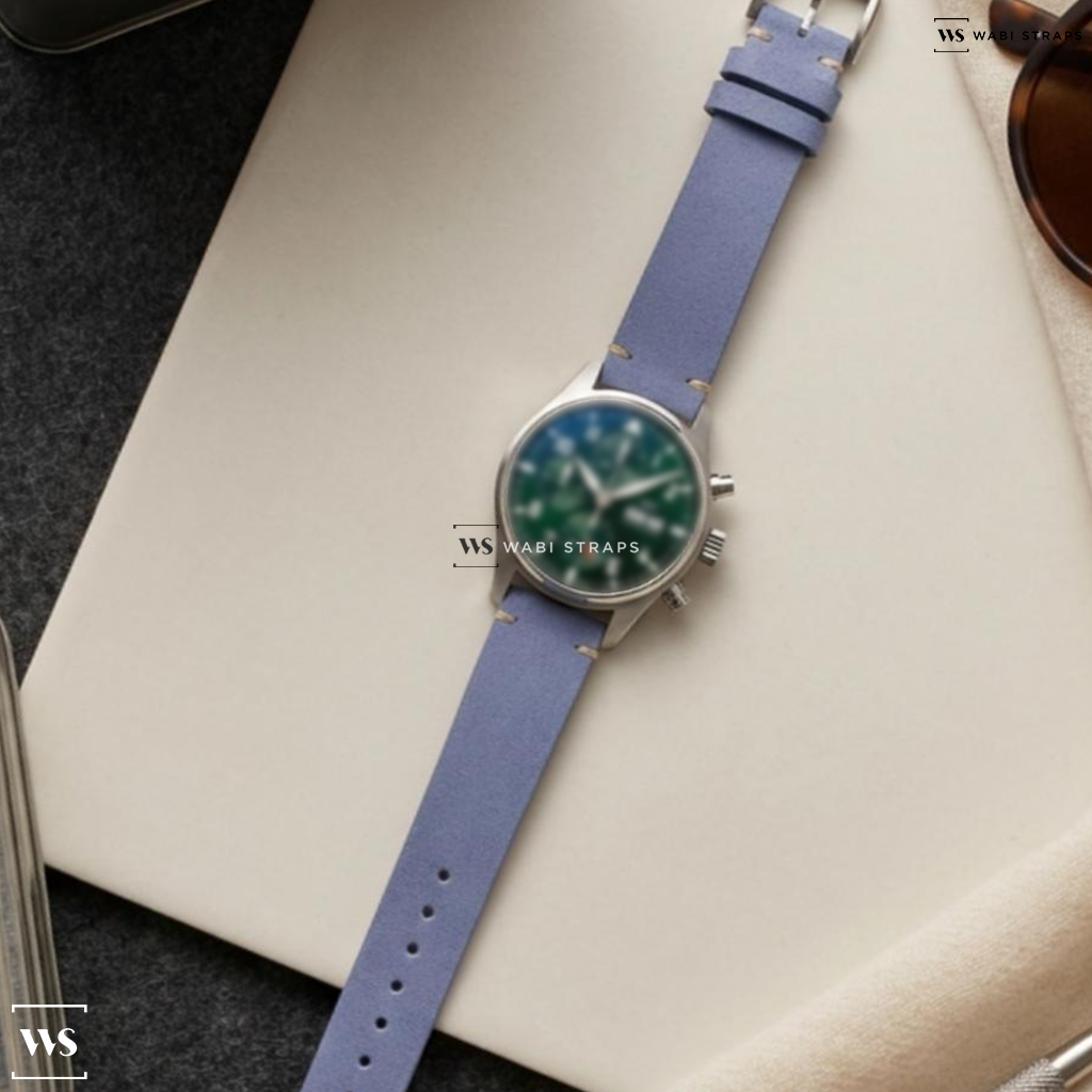 Purple Fuzzy Grain Leather Watch Strap on IWC Pilot's Watch Chronograph 41mm SS Green Dial