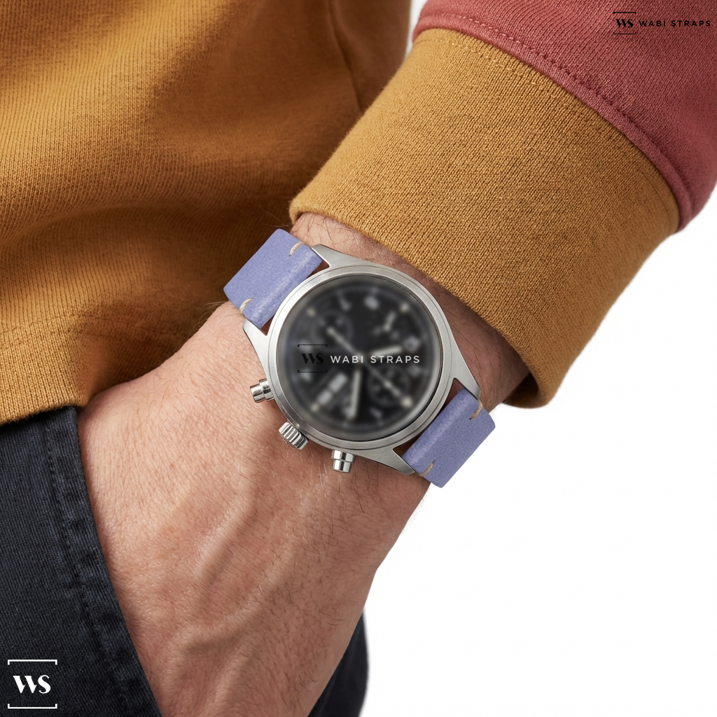 Purple Fuzzy Grain Leather Watch Strap on IWC Pilot Chronograph SS Black Dial Full set