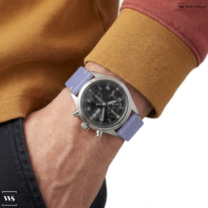 Purple Fuzzy Grain Leather Watch Strap on IWC Pilot Chronograph SS Black Dial Full set