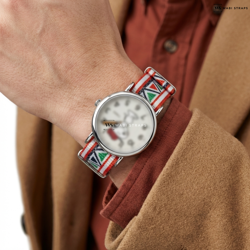 Black/Blue/Green/Red/White Graphic Print Nylon Watch Strap on Marlin® Hand-Wound x Peanuts Snoopy Dancing Reissue 34mm