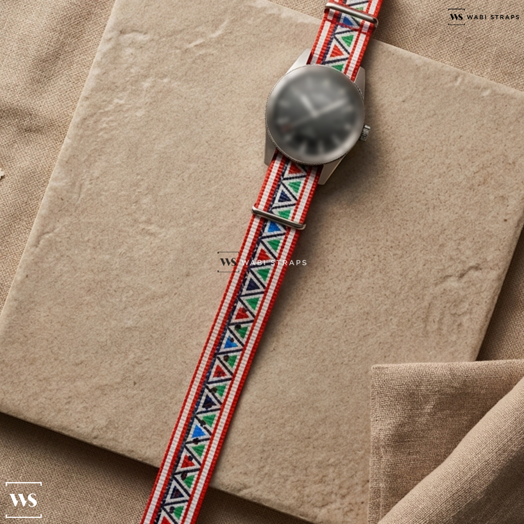 Black/Blue/Green/Red/White Graphic Print Nylon Watch Strap on Fortis Flieger F-39 Automatic