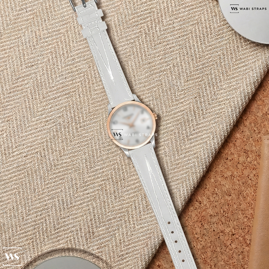 White Glossy Leather Watch Strap on Longines Record Automatic Silver Dial Men's Watch