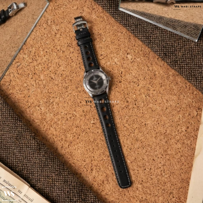 Black/White Contrast Holes Leather Watch Strap on Tudor Oyster 34 Small Rose Cal 390