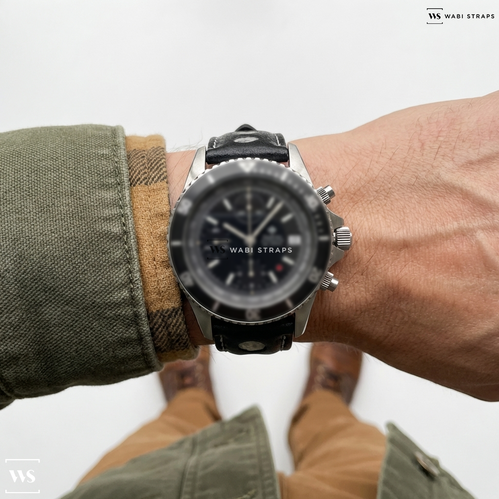 Black/White Contrast Holes Leather Watch Strap on Zodia Automatic Chronograph