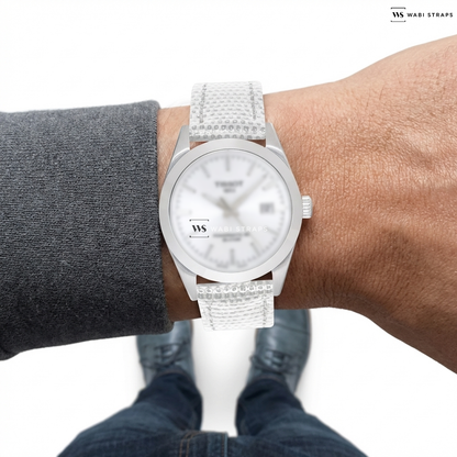 White Lizard Grain Leather Watch Strap on Tissot Gentleman Powermatic 80 Silicium White Dial Watch 40mm