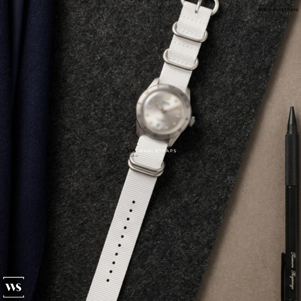 White Solid Plain Nylon Watch Strap on Oris Automatic Jump Hour
