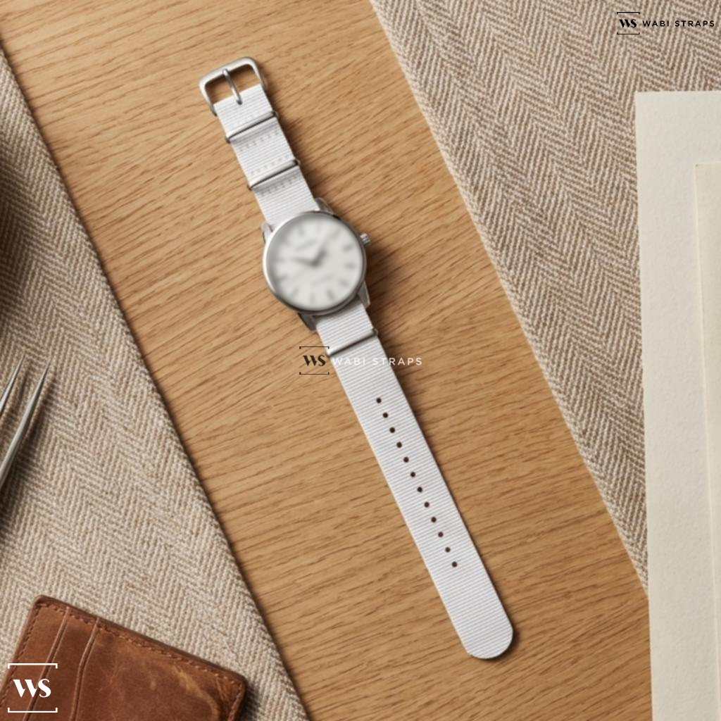 White Bright Solid Plain Nylon Watch Strap on Grand Seiko SBGW253 38mm