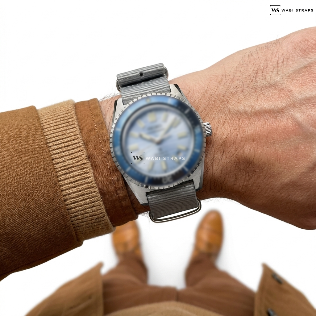 White Bright Solid Plain Nylon Watch Strap on Prospex ‘Clearwater’ Blue Marinemaster 1965 Reinterpretation Diver