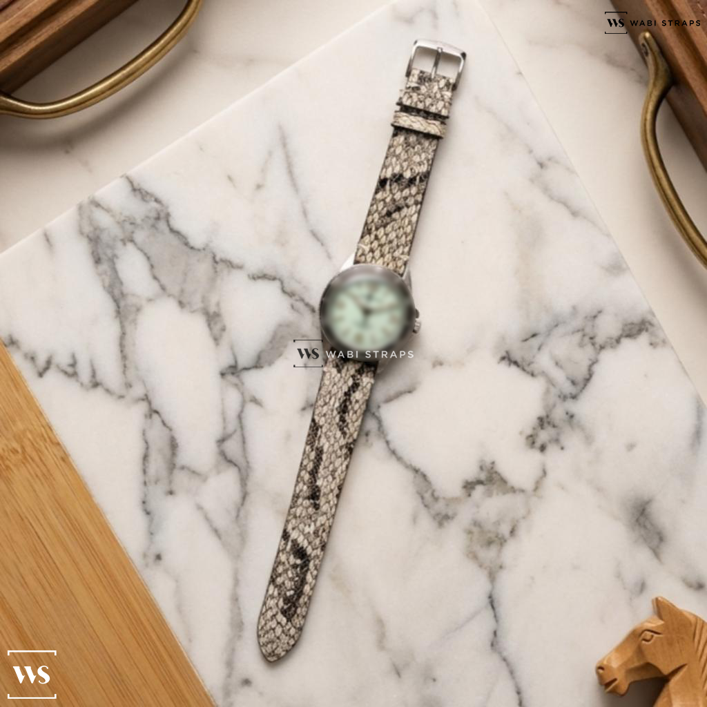 White Python Grain Leather Watch Strap on Vintage Automatic Green Dial Stainless Steel Men's Watch
