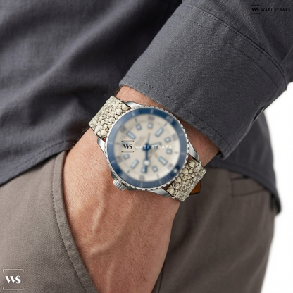 White Python Grain Leather Watch Strap on Breitling Superocean Automatic Silver Dial Stainless Steel Men's Watch